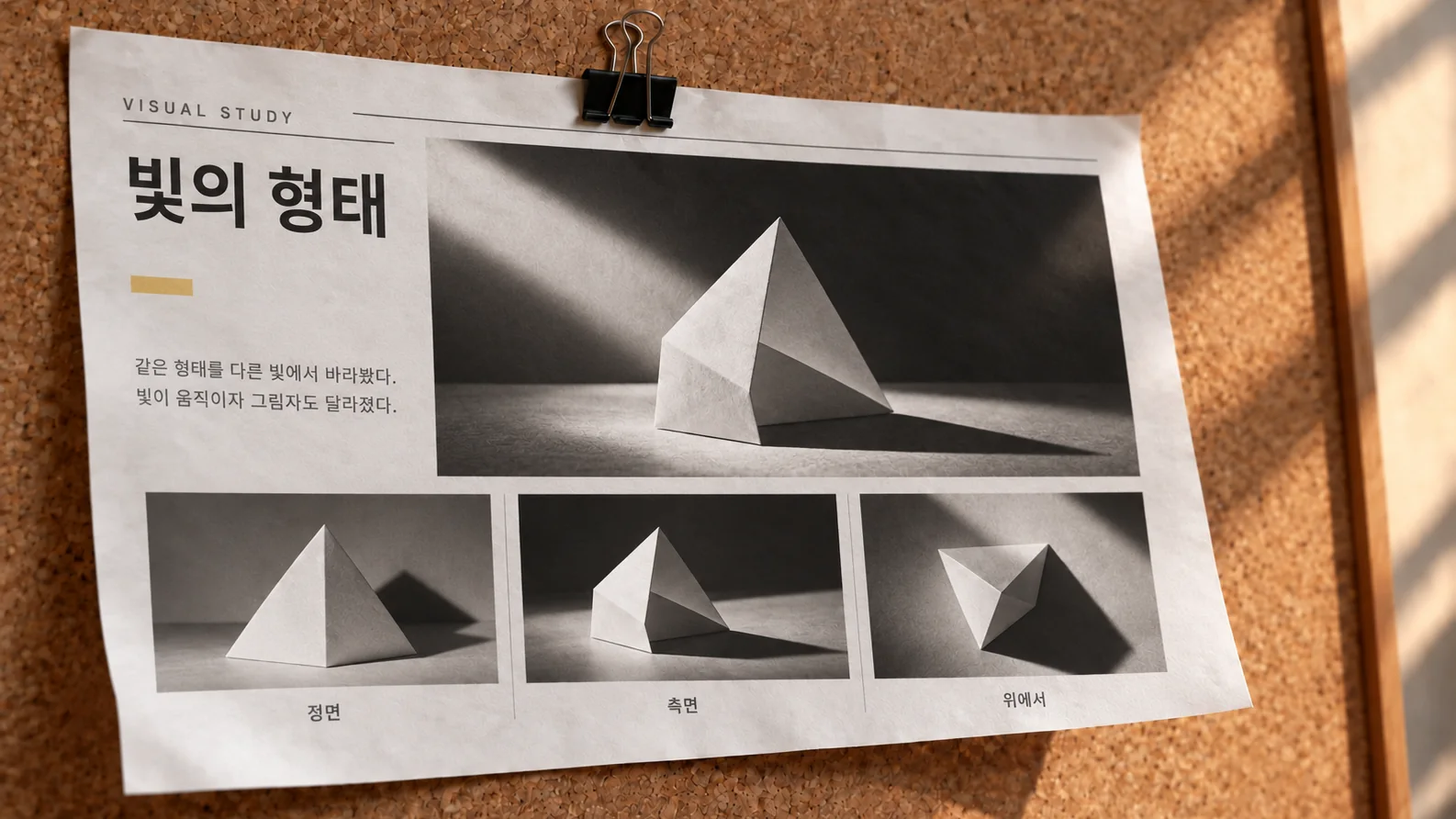 코르크 보드에 검은 집게로 걸린 가로형 포스터. 빛의 형태라는 제목과 흰 입체 사진 네 장