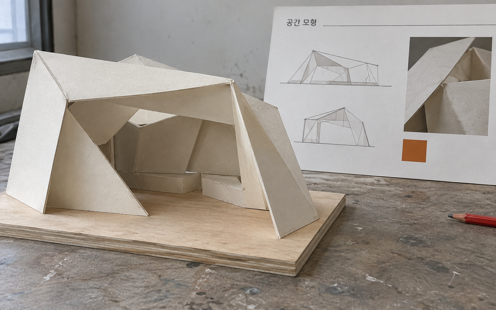 종이 공간 모형과 스케치를 놓은 작업대