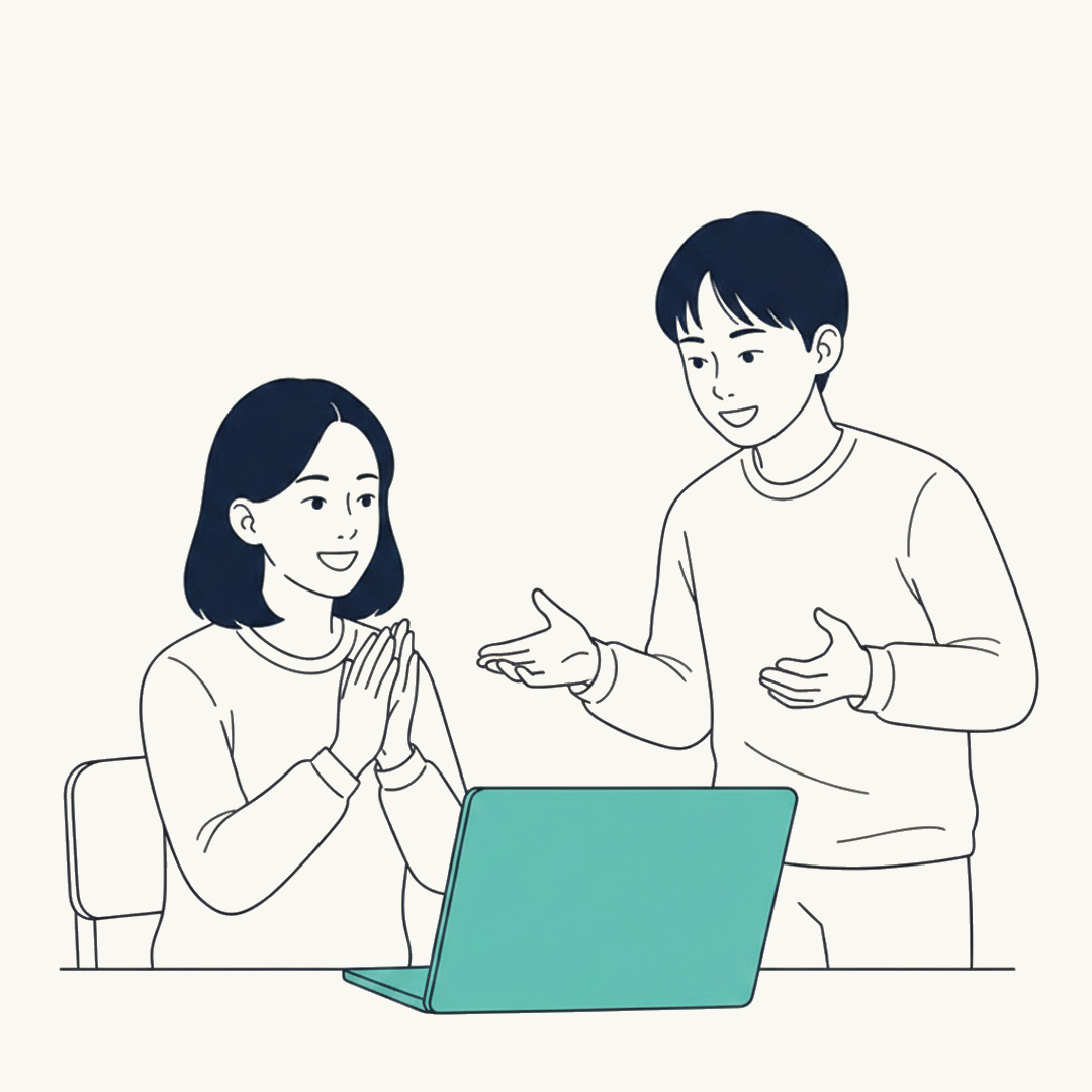 완성한 것을 부모에게 보여주는 학생